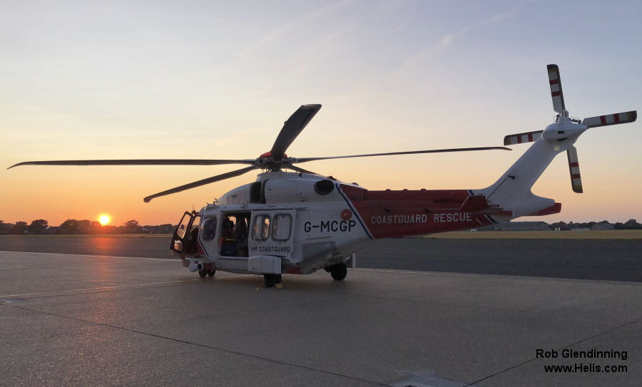 Helicopter AgustaWestland AW189 Serial 92003 Register G-MCGP used by HM Coastguard (Her Majesty’s Coastguard) Bristow AgustaWestland UK. Built 2014. Aircraft history and location