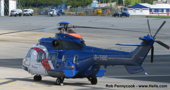 Helicopter Aerospatiale AS332L Super Puma Serial 2024 Register G-TIGC G-BJYH used by Heli Austria GmbH ,Bristow. Built 1982. Aircraft history and location