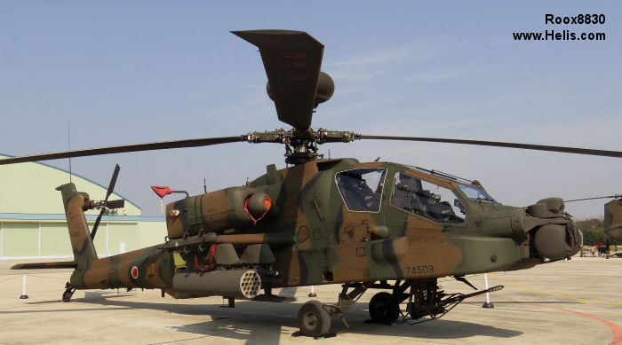 Helicopter Fuji AH-64DJP Apache Serial JP009 Register 74509 used by Japan Ground Self-Defense Force (Japanese Army). Built 2010. Aircraft history and location