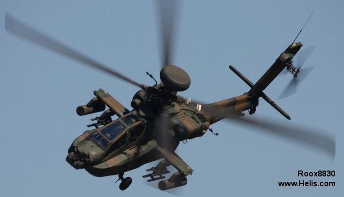 Helicopter Fuji AH-64DJP Apache Serial JP010 Register 74510 used by Japan Ground Self-Defense Force (Japanese Army). Built 2011. Aircraft history and location
