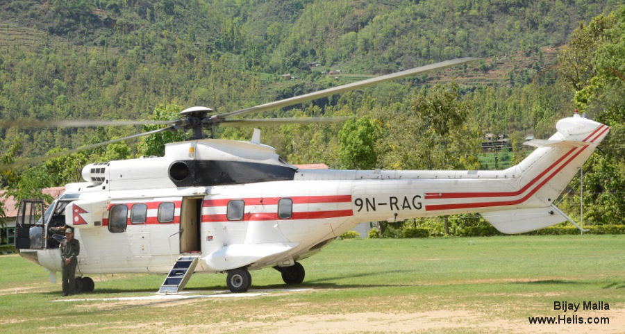 Helicopter Aerospatiale AS332L Super Puma Serial 2148 Register 9N-RAG used by Nepalese Government. Built 1982. Aircraft history and location