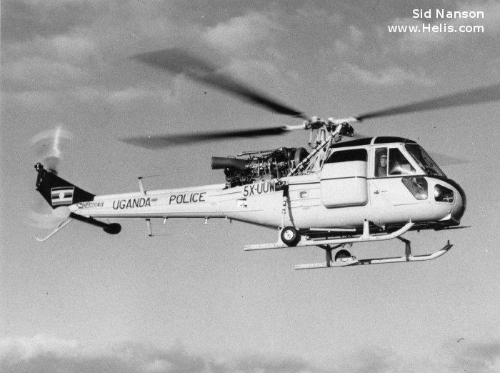 Helicopter Westland Scout Serial f.9617 Register 5X-UUW used by Uganda Police. Built 1965. Aircraft history and location