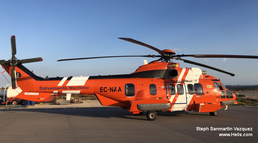 Helicopter Airbus Helicopters H225 / EC225LP Serial 2910 Register EC-NAA G-CJWN VH-SRU used by Salvamento Maritimo (Maritime Safety Agency) Milestone Aviation Lloyd Helicopters. Built 2014. Aircraft history