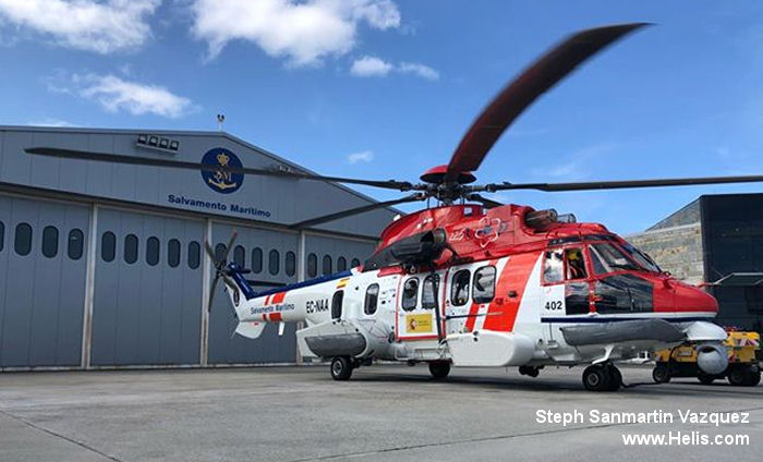 Helicopter Airbus Helicopters H225 / EC225LP Serial 2910 Register EC-NAA G-CJWN VH-SRU used by Salvamento Maritimo (Maritime Safety Agency) Milestone Aviation Lloyd Helicopters. Built 2014. Aircraft history