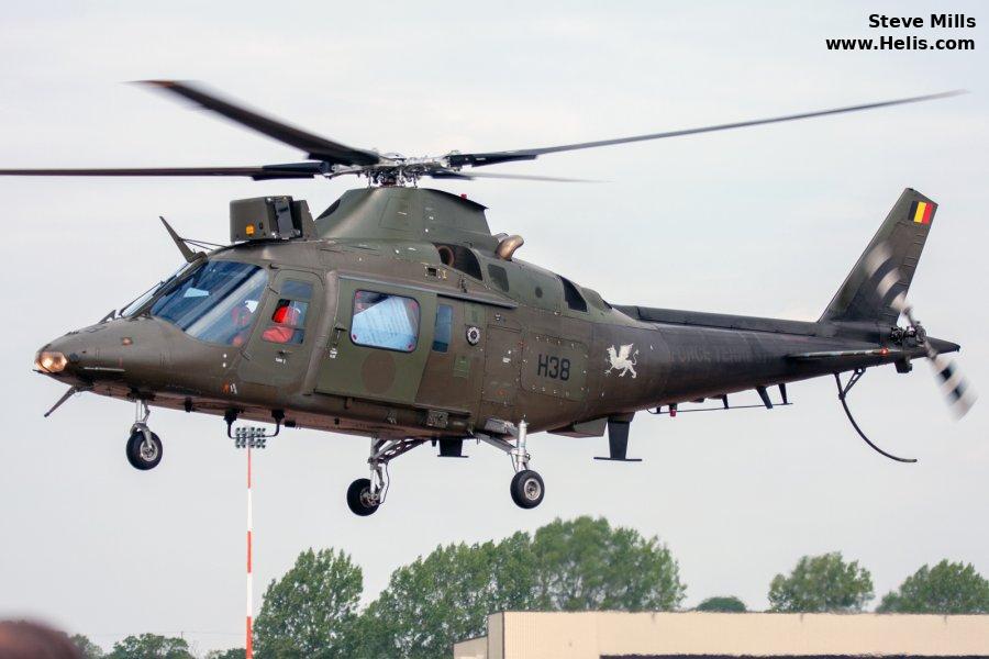 Helicopter SABCA A109BA Serial 0338 Register H38 used by Force Aérienne Belge (Belgian Air Force) ,Aviation Légère de la Force Terrestre (Belgian Army Light Aviation). Built 1993. Aircraft history and location