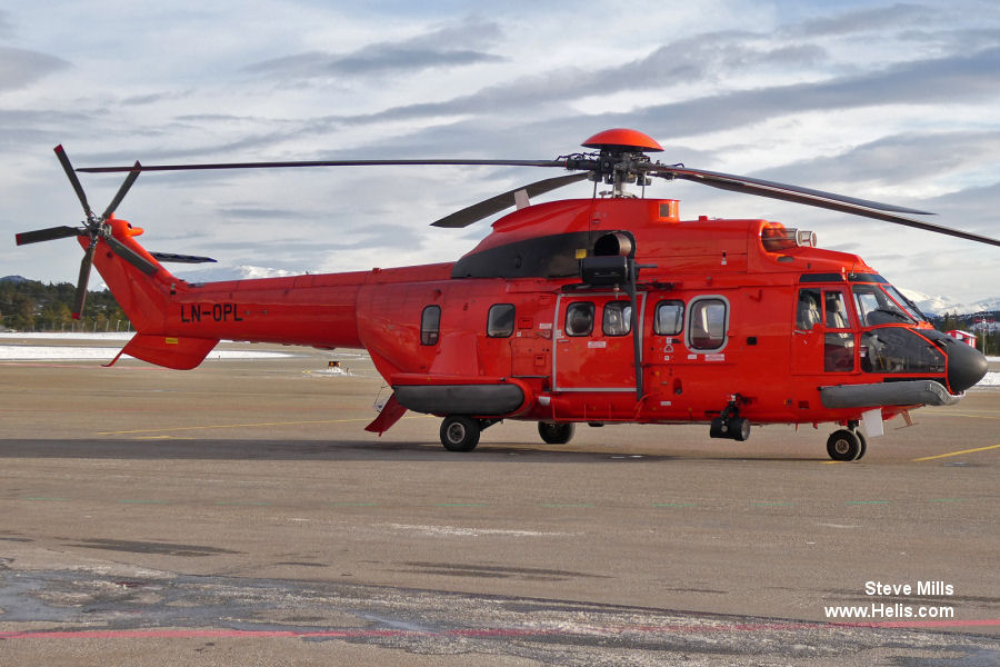 Helicopter Eurocopter AS332L1 Super Puma Serial 9002 Register LN-OPL TF-GNA LN-ONE used by Lufttransport AS ,Helikopter Service ,Landhelgisgæsla Íslands (Icelandic Coast Guard) ,Norsk Helikopter. Built 2001. Aircraft history and location