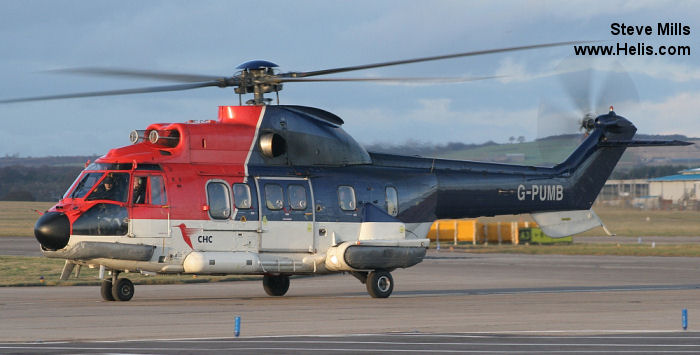 Helicopter Aerospatiale AS332L Super Puma Serial 2075 Register C-GRGJ VH-LYS C-GJEB G-PUMB used by Coldstream Helicopters ,CHC Helicopters Australia ,CHC (Canadian Helicopter Corporation) ,CHC Scotia ,North Scottish Helicopters ,Bond Aviation Group. Built 1983. Aircraft history and location