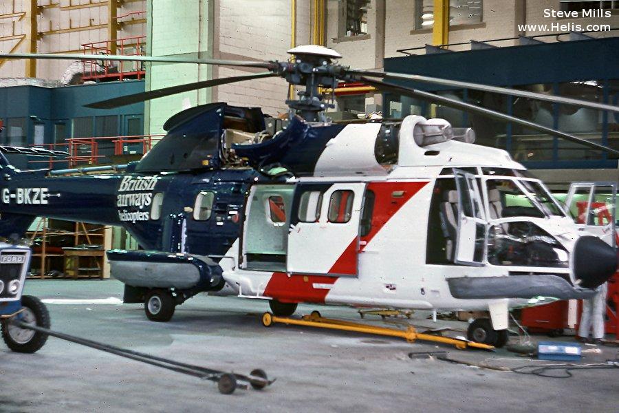 Helicopter Aerospatiale AS332L Super Puma Serial 2102 Register OE-XJP G-BKZE used by Heli Austria GmbH ,CHC Scotia ,United Nations UNHAS ,Brintel Helicopters ,British Airways Helicopters ,British International Helicopters BIH. Built 1983. Aircraft history and location