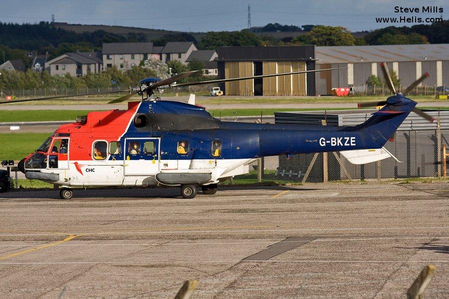 Helicopter Aerospatiale AS332L Super Puma Serial 2102 Register OE-XJP G-BKZE used by Heli Austria GmbH ,CHC Scotia ,United Nations UNHAS ,Brintel Helicopters ,British Airways Helicopters ,British International Helicopters BIH. Built 1983. Aircraft history and location