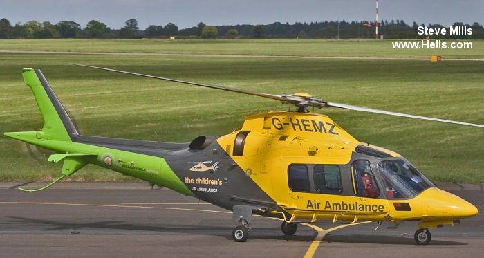 Helicopter AgustaWestland AW109S Grand Serial 22156 Register G-HEMZ used by UK Air Ambulances AANI (Air Ambulance Northern Ireland) ,Irish Community Rapid Response ICRR ,DLRAA (Derbyshire Leicestershire and Rutland Air Ambulance) ,TCAA (The Children’s Air Ambulance) ,Sloane Helicopters. Built 2009. Aircraft history and location