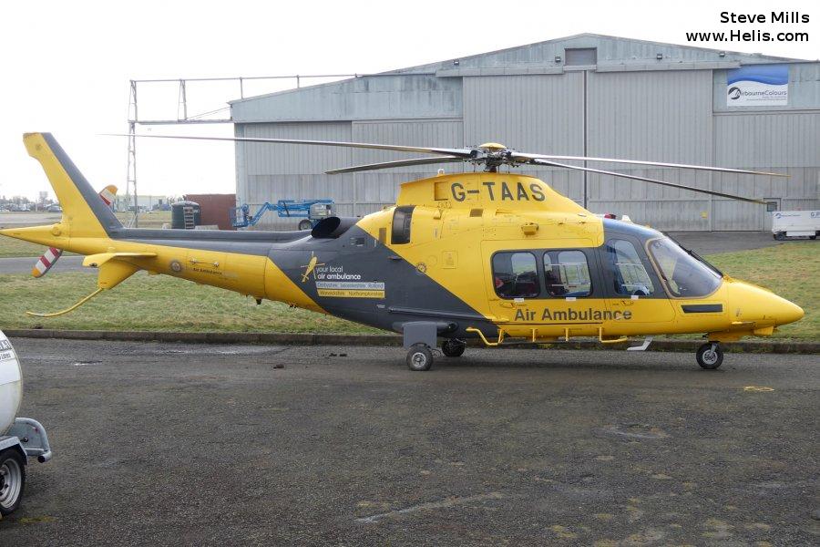 Helicopter AgustaWestland AW109SP GrandNew Serial 22305 Register G-TAAS used by Sloane Helicopters DLRAA (Derbyshire Leicestershire and Rutland Air Ambulance) ,TAAS (The Air Ambulance Service). Built 2013. Aircraft history and location