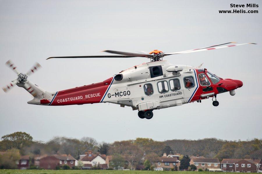 Helicopter AgustaWestland AW189 Serial 92002 Register G-MCGO used by HM Coastguard (Her Majesty’s Coastguard) ,Bristow ,AgustaWestland UK. Built 2014. Aircraft history and location
