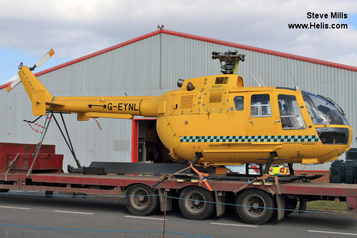 Helicopter MBB Bo105D Serial S-382 Register 2-BREM G-EYNL LN-OTJ D-HDLR used by UK Air Ambulances EAAA (East Anglian Air Ambulance) ,Sterling Helicopters ,Norsk Luftambulanse NLA AS (Norwegian Air Ambulance Foundation). Built 1979. Aircraft history and location