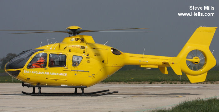 Helicopter Eurocopter EC135T2 Serial 0245 Register G-SPHU D-HKBA used by UK Air Ambulances SCAA (Scotland Charity Air Ambulance) ,HIOWAA (Hampshire and Isle of Wight Air Ambulance) ,Babcock International Babcock ,EAAA (East Anglian Air Ambulance) ,NWAA (North West Air Ambulance) ,UK Police Forces ,Bond Aviation Group ,McAlpine Helicopters ,Eurocopter Deutschland GmbH (Eurocopter Germany). Built 2002. Aircraft history and location