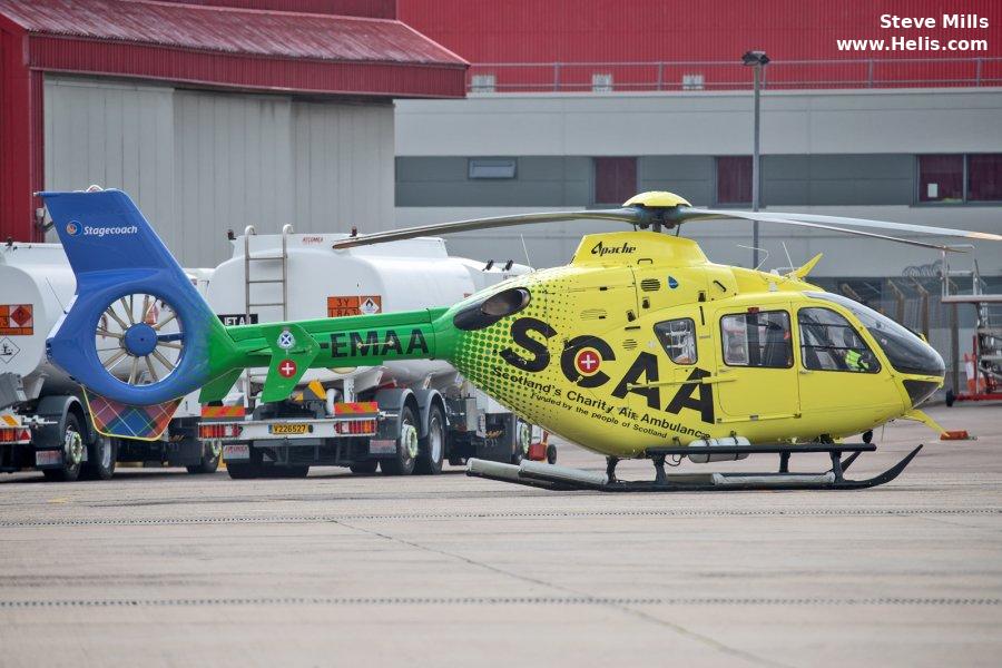 Helicopter Eurocopter EC135T2 Serial 0448 Register G-EMAA D-HECF used by UK Air Ambulances SCAA (Scotland Charity Air Ambulance) ,Babcock International Babcock ,MAAC (Midlands Air Ambulance) ,Bond Aviation Group ,Eurocopter Deutschland GmbH (Eurocopter Germany). Built 2005. Aircraft history and location