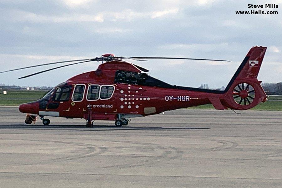 Helicopter Eurocopter EC155B1 Serial 6842 Register OY-HUR OO-NHJ F-WWOM used by Air Greenland ,NHV NHV Norwich ,Eurocopter France. Built 2009. Aircraft history and location