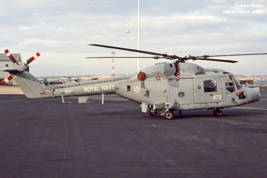 Helicopter Westland Lynx HAS3 Serial 267 Register ZD257 used by Hayward and Green Defence Ltd ,Fleet Air Arm RN (Royal Navy). Built 1982 Converted to Lynx HMA.8. Aircraft history and location