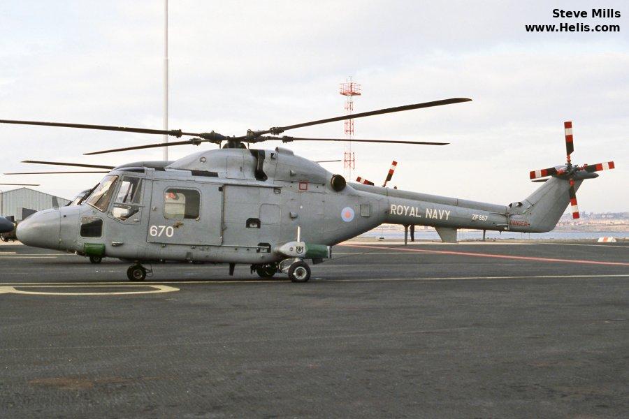 Helicopter Westland Lynx HAS3S Serial 334 Register ZF557 used by Hayward and Green Defence Ltd ,Fleet Air Arm RN (Royal Navy). Built 1987. Aircraft history and location