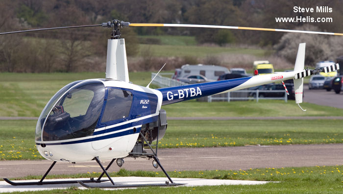 Helicopter Robinson R22 Beta Serial 1717 Register G-BTBA used by Heli Air Ltd. Built 1991. Aircraft history and location