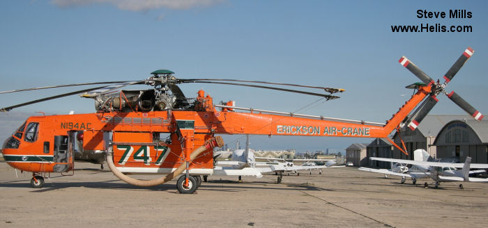 Helicopter Sikorsky CH-54A Tarhe Serial 64-017 Register C-GFLH N194AC 67-18415 used by Canadian Air Crane ,Erickson ,US Army Aviation Army. Built 1967. Aircraft history and location