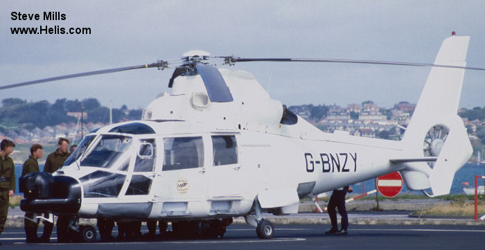 Helicopter Aerospatiale SA365N Dauphin 2 Serial 6072 Register 5N-ESO PH-SSP G-BNZY F-WTNR used by Aero Contractors Nigeria ,Schreiner Airways ,McAlpine Helicopters ,Aerospatiale. Built 1983. Aircraft history and location