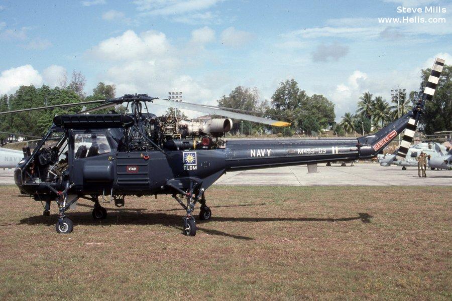 Helicopter Westland Wasp Serial f.9591 Register 9M499-03 M499-03 XT421 used by Malaysian Aviation Training Academy MATA ,Tentera Laut Diraja Malaysia TLDM (Royal Malaysian Navy) ,Fleet Air Arm RN (Royal Navy). Built 1964. Aircraft history and location