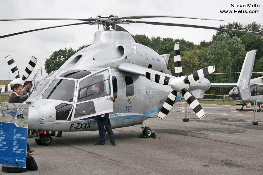 Helicopter Eurocopter X3 Serial 0001 Register F-ZXXX used by Airbus Helicopters France ,Eurocopter France. Built 2010. Aircraft history and location