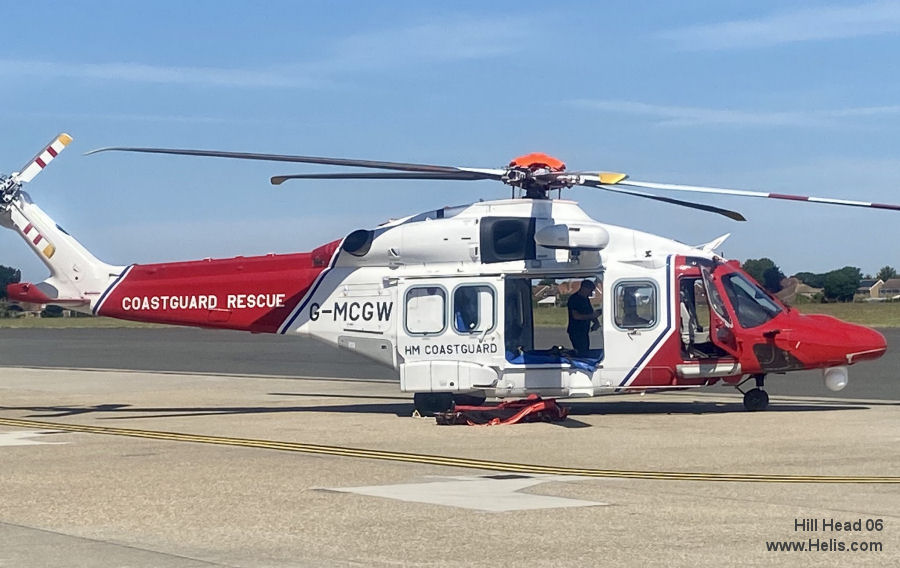 Helicopter AgustaWestland AW189 Serial 92009 Register PH-BSR G-MCGW used by Kustwacht Nederland (Netherlands Coastguard) ,HM Coastguard (Her Majesty’s Coastguard) ,Bristow ,AgustaWestland UK. Built 2018. Aircraft history and location