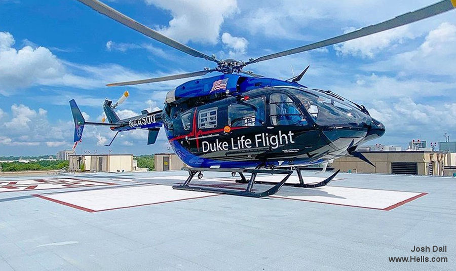 Helicopter Airbus EC145e Serial 9827 Register N445DU N547AH used by Duke Life Flight ,Metro Aviation ,Airbus Helicopters Inc (Airbus Helicopters USA). Built 2019. Aircraft history and location