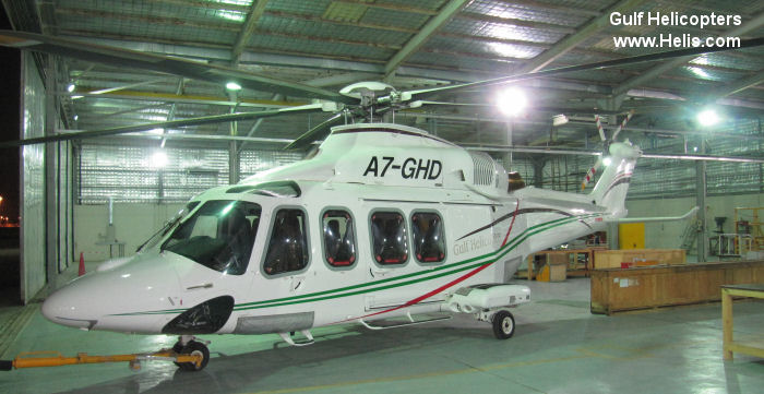 Helicopter AgustaWestland AW139 Serial 31233 Register A7-GHD used by Gulf Helicopters. Built 2009. Aircraft history and location