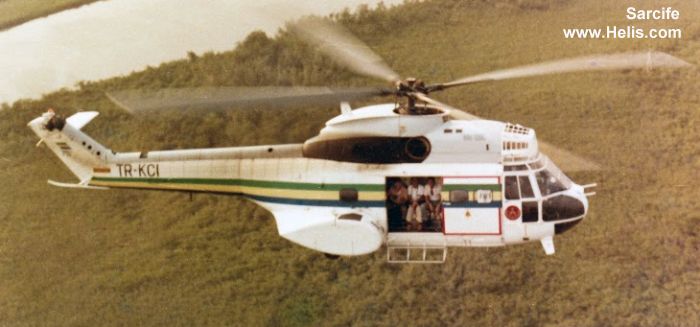 Helicopter Aerospatiale SA330C Puma Serial 1319 Register TR-KCI used by Force Aérienne Gabonaise (Gabonese Air Force). Built 1974. Aircraft history and location