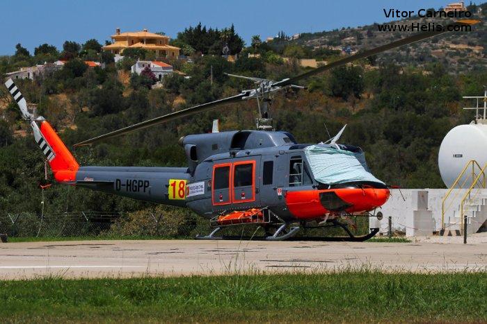 Helicopter Bell 212 Serial 30807 Register D-HGPP used by INAER Portugal ,Agrarflug Helilift GmbH ,Bundespolizei (German Federal Police (BPOL)). Aircraft history and location