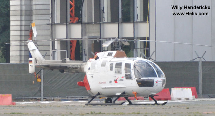 Helicopter MBB Bo105CBS-5 Serial S-929 Register D-HBWH D-HBOA used by Air Lloyd Deutsche Helicopter Flugservice GmbH (air lloyd german helicopter flight service) Landespolizei (German Local Police) Eurocopter Deutschland GmbH (Eurocopter Germany). Built 1997. Aircraft history and location
