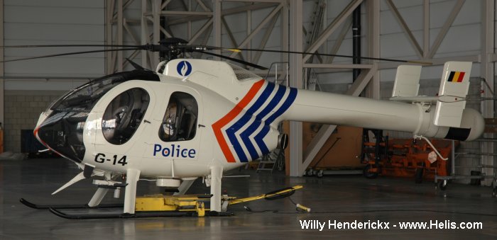 Helicopter McDonnell Douglas MD520N Serial LN086 Register G-14 used by Federale Politie / Police Fédérale (Belgian National Police). Built 1999. Aircraft history and location