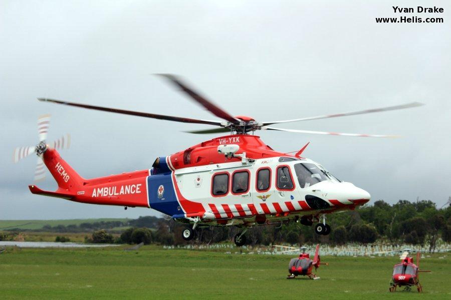 Helicopter AgustaWestland AW139 Serial 31624 Register VH-YXK used by Australia Air Ambulances Air Ambulance Victoria ,Australian Helicopters AHPL. Built 2016. Aircraft history and location
